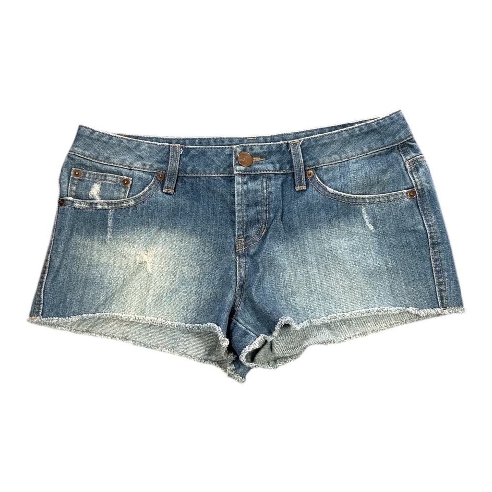 Womens Blue Denim Distressed Frayed Hem Cutoff Shorts Size‎ 28